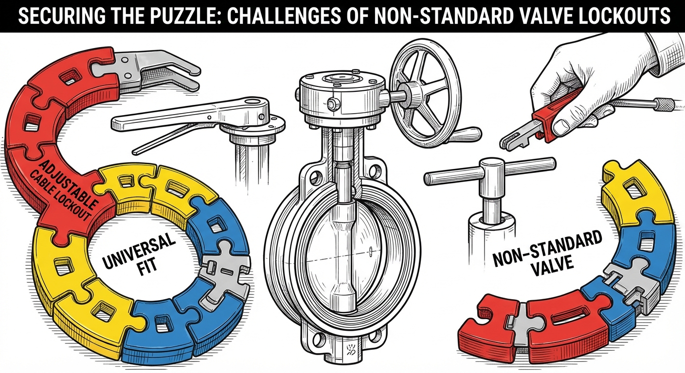 Illustration of butterfly valves with various handle designs using adjustable lockouts.