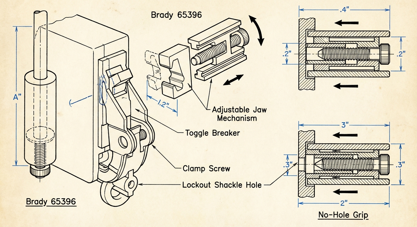 Clamp-on lockout device diagram with mechanical jaw design for no-hole breakers.