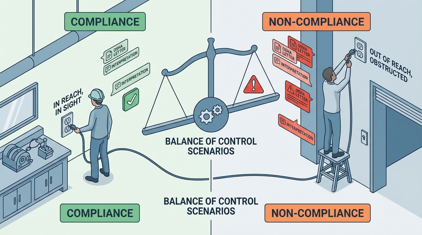 Isometric view of compliant and non-compliant plug control scenarios under OSHA guidelines.