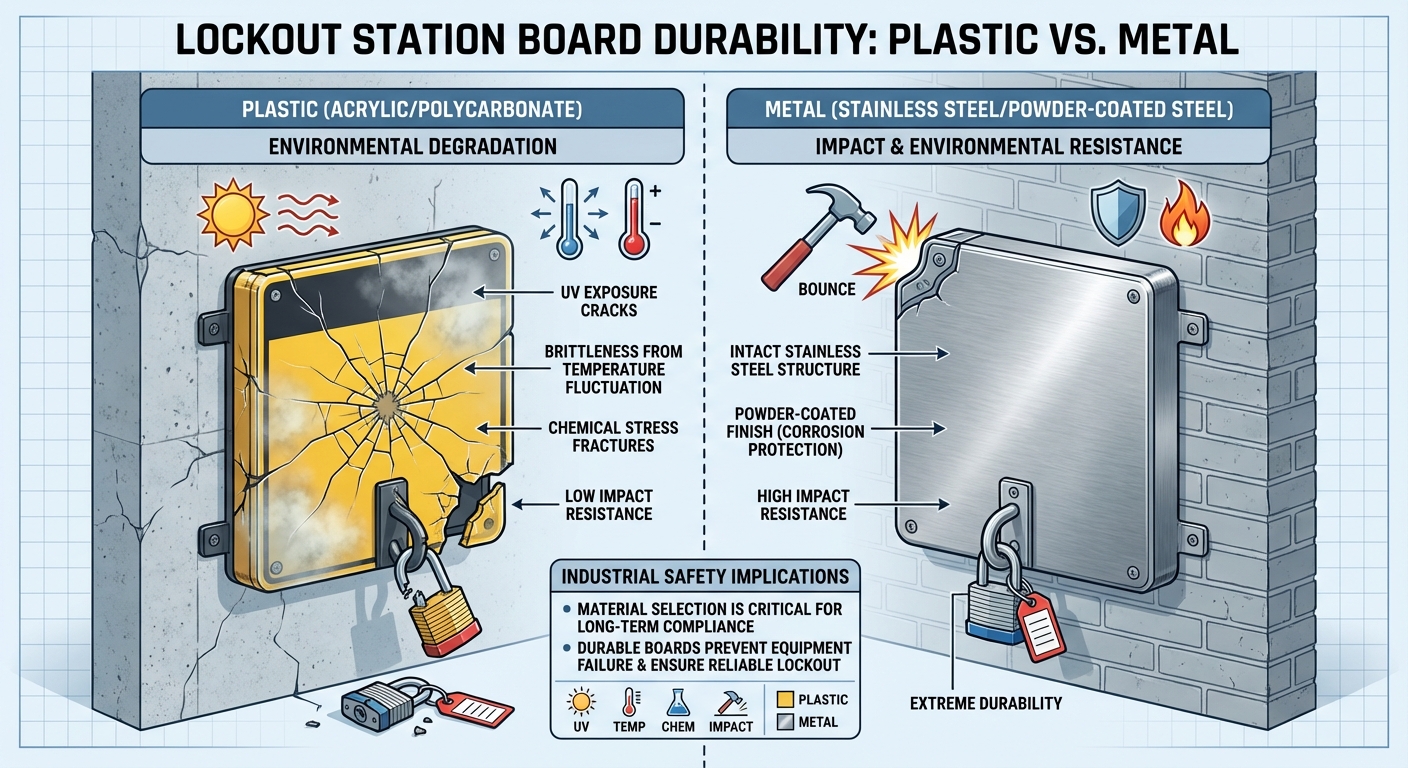 Split-screen comparison of plastic and metal lockout boards, showing durability differences.