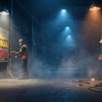 Cinematic illustration of lockout tagout compliance, featuring station boards in foggy, dramatic lighting.