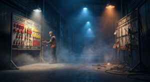 Cinematic illustration of lockout tagout compliance, featuring station boards in foggy, dramatic lighting.