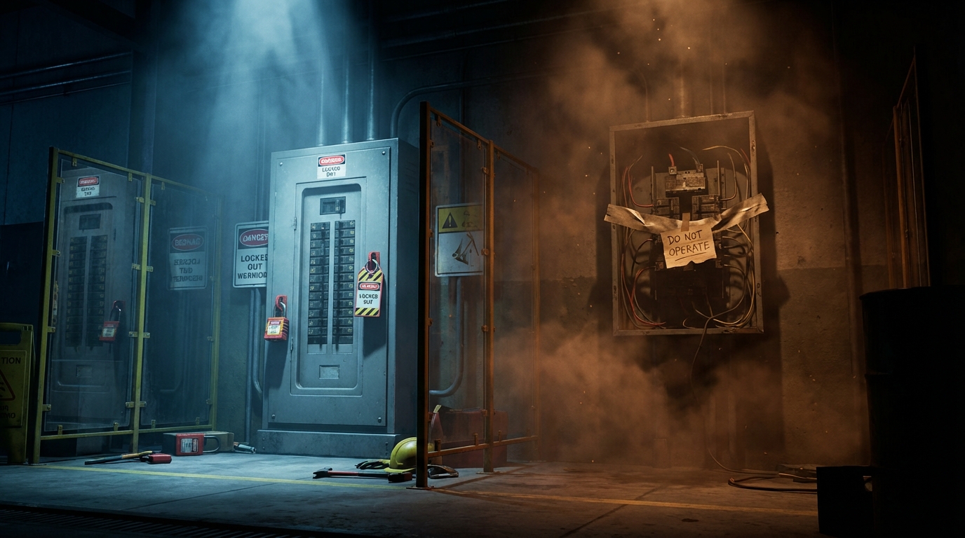 Secure circuit breaker lockout vs non-compliant setup in dramatic lighting.