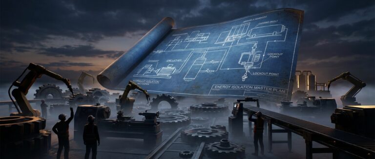 Cinematic illustration of detailed blueprints over industrial machinery, symbolizing tailored energy procedures.
