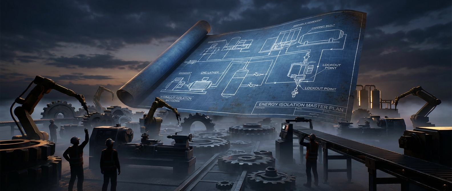 Cinematic illustration of detailed blueprints over industrial machinery, symbolizing tailored energy procedures.