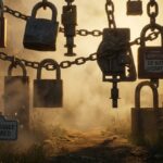 Cinematic illustration of padlocks and chains forming a barrier, symbolizing compliance in valve lockout.