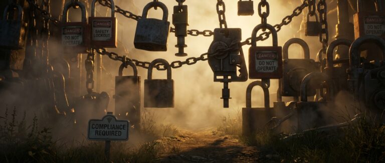 Cinematic illustration of padlocks and chains forming a barrier, symbolizing compliance in valve lockout.