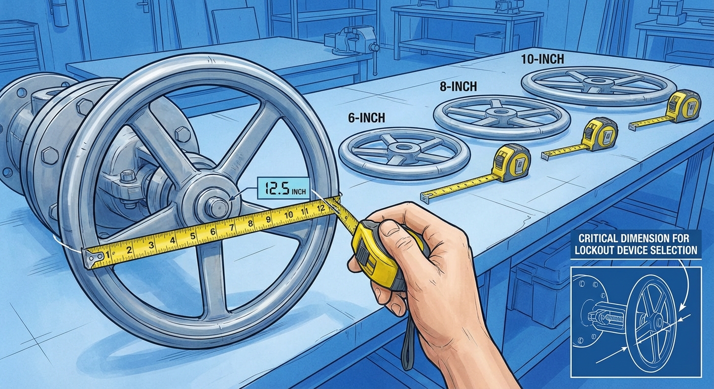 Technical illustration of handwheel measurements for accurate gate valve lockout device selection.