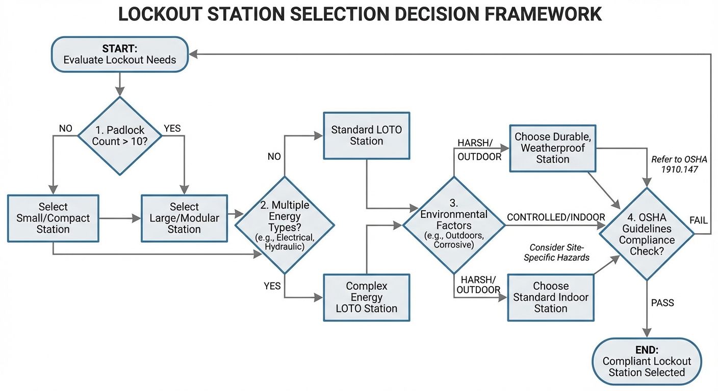 Flowchart of lockout station decision framework considering padlock count and energy types.