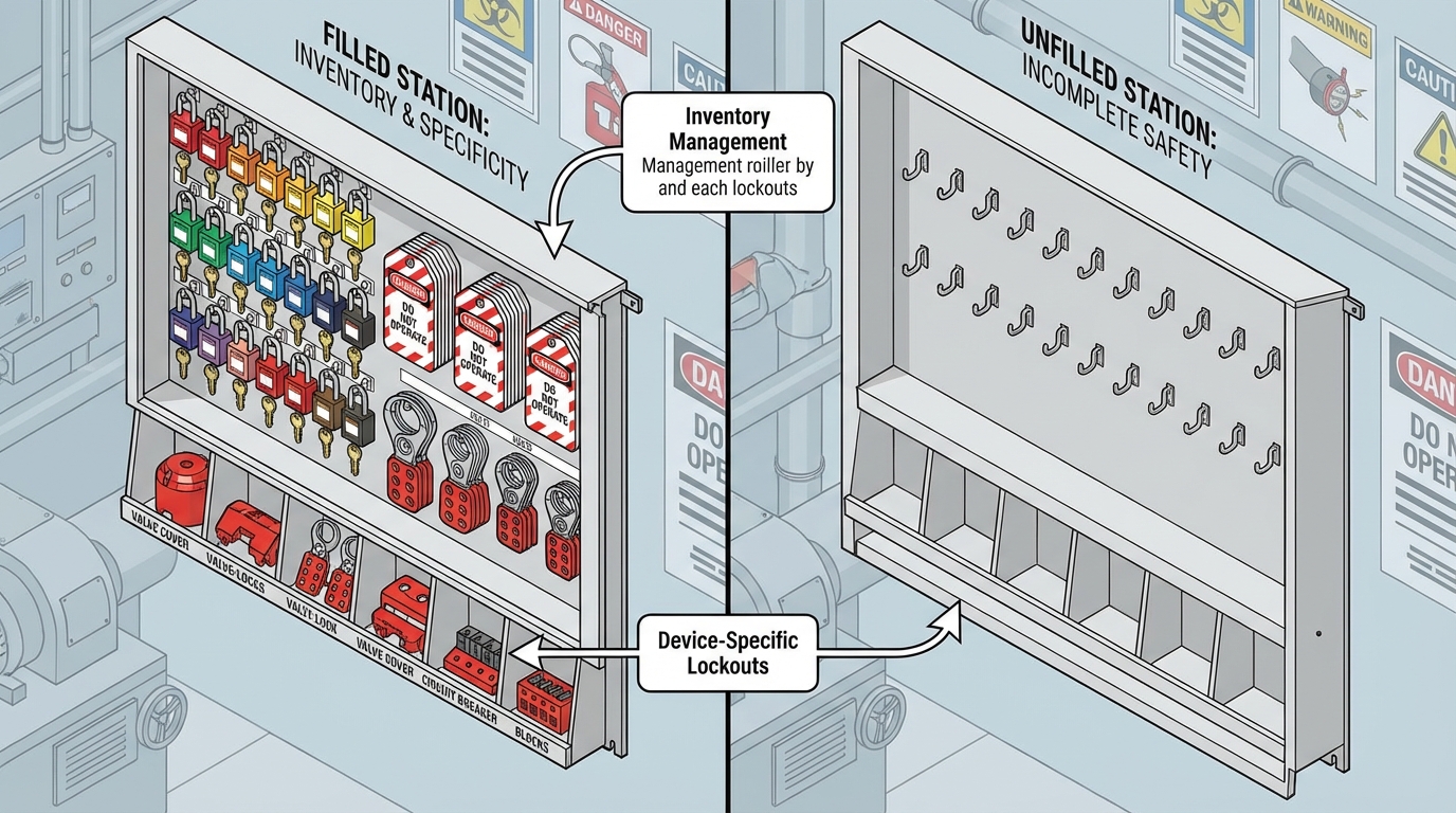 Isometric illustration showing filled vs. unfilled lockout station setups with padlocks and tags.