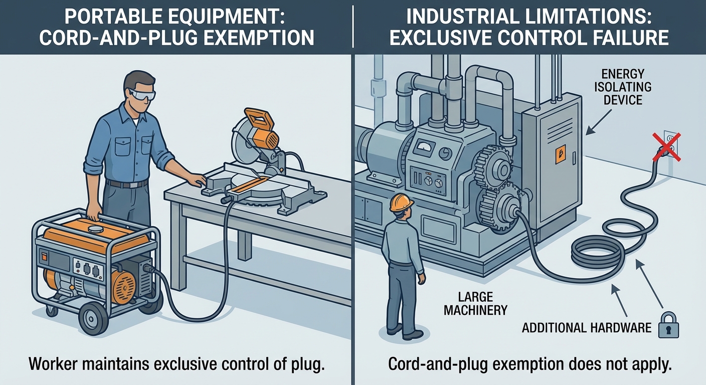 Split-screen illustration of portable vs industrial equipment plug access challenges.