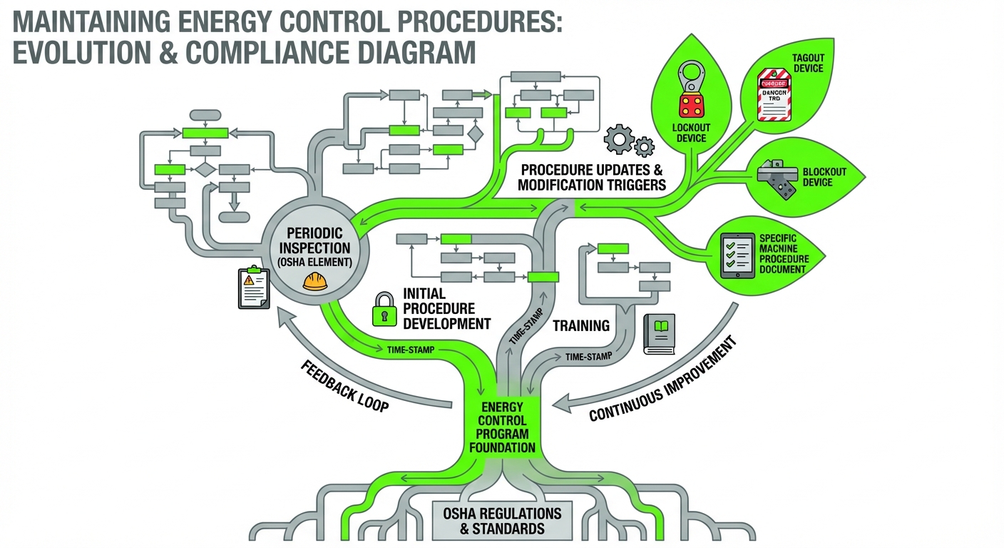 Diagram of evolving energy procedures: growing tree with inspection elements and update triggers.