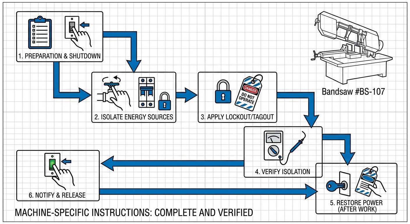 Diagram of 6 mandatory energy control steps with icons and industrial machinery.