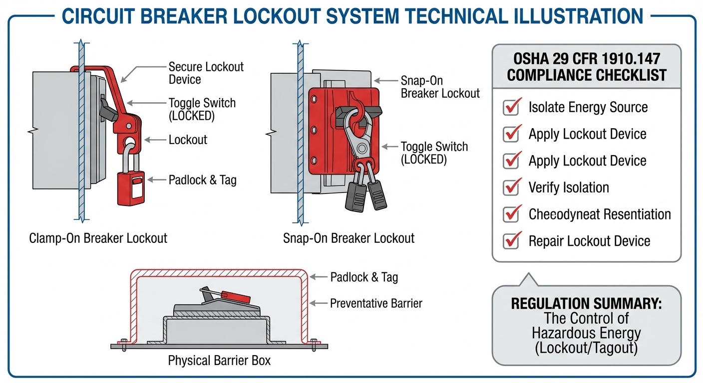 OSHA-compliant circuit breaker lockout system with labeled components.
