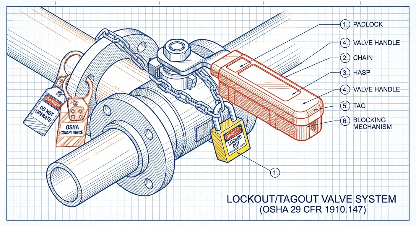 Isometric diagram of lockout devices around a valve handle demonstrating OSHA compliance.