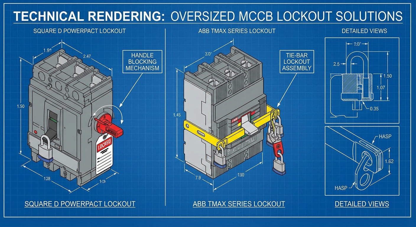 Lockout solutions for oversized MCCBs with handle blocking mechanisms.