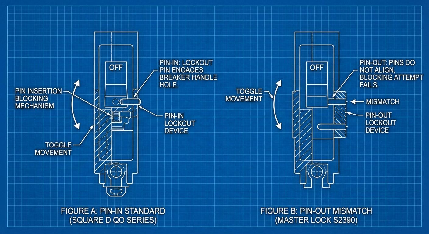 Pin-in vs pin-out lockout designs in a detailed technical diagram.