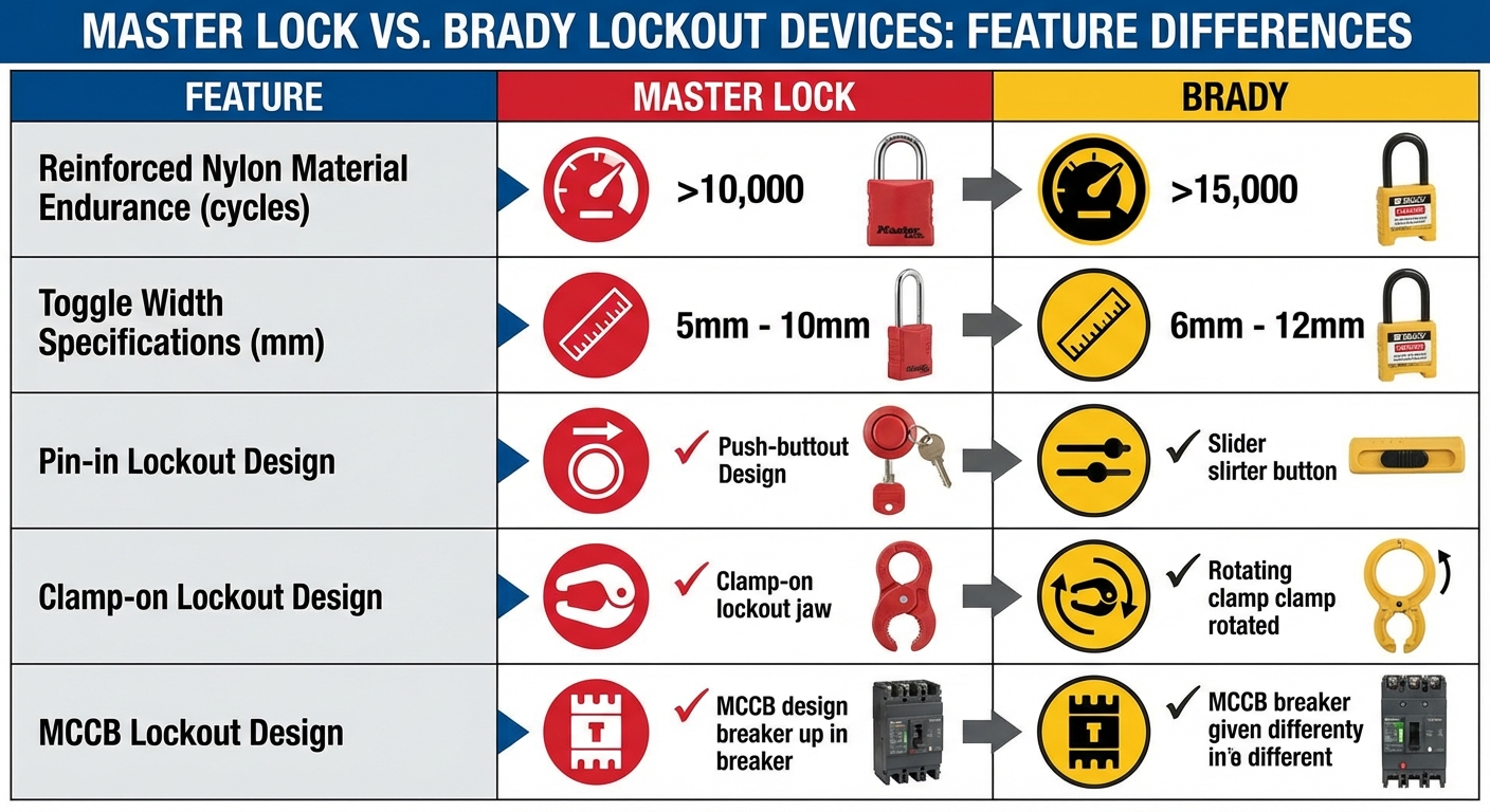 Comparative diagram of Master Lock vs. Brady lockout devices with feature differences.