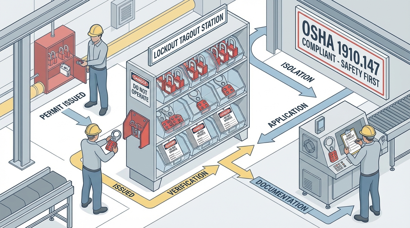Isometric illustration of standardized lockout devices with red padlocks in an industrial environment.
