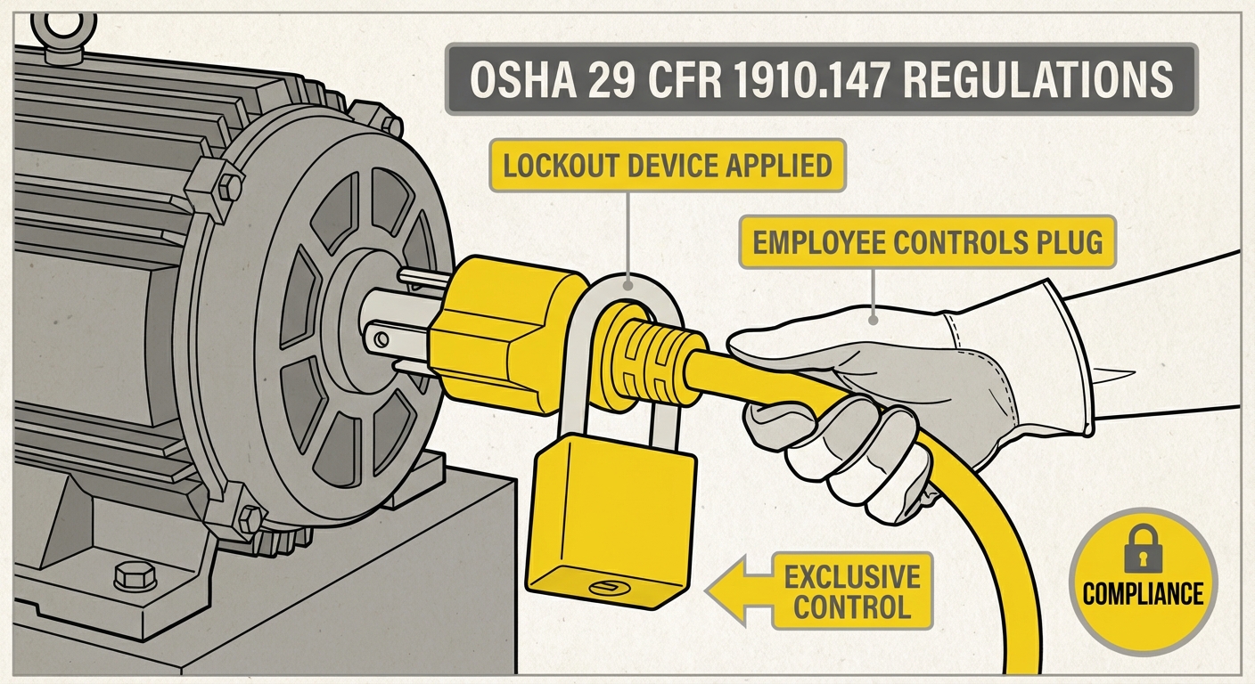 Technical illustration of cord-and-plug with lock representing control under OSHA regulation.