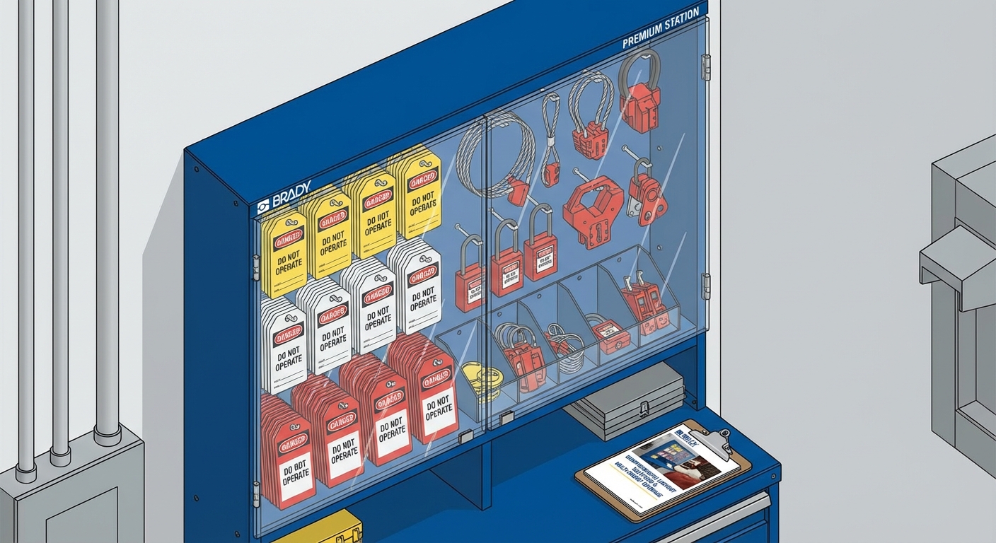Isometric rendering of Brady Premium Station with comprehensive lockout and tag solutions.