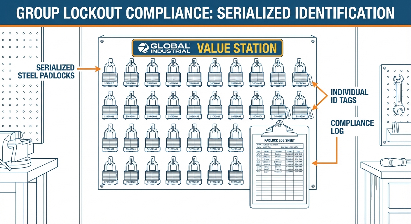 Illustration of Global Industrial Value Station with serialized padlocks and log sheet.