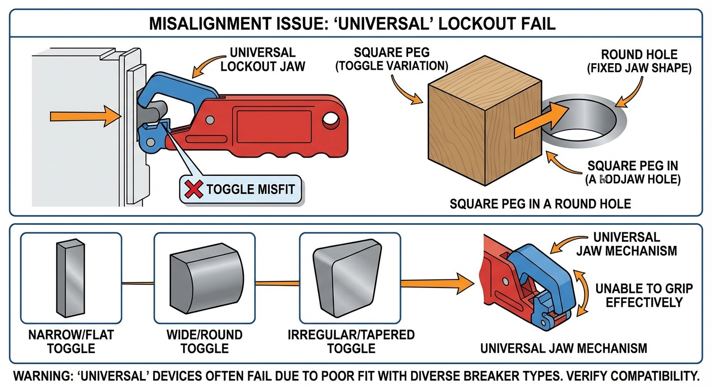 Illustration of universal lockout device misalignment with toggle shapes.