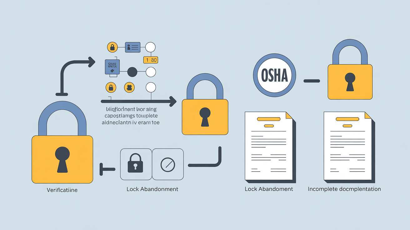 Diagram showing verification gaps and lock abandonment during LOTO handoffs with OSHA audit elements.