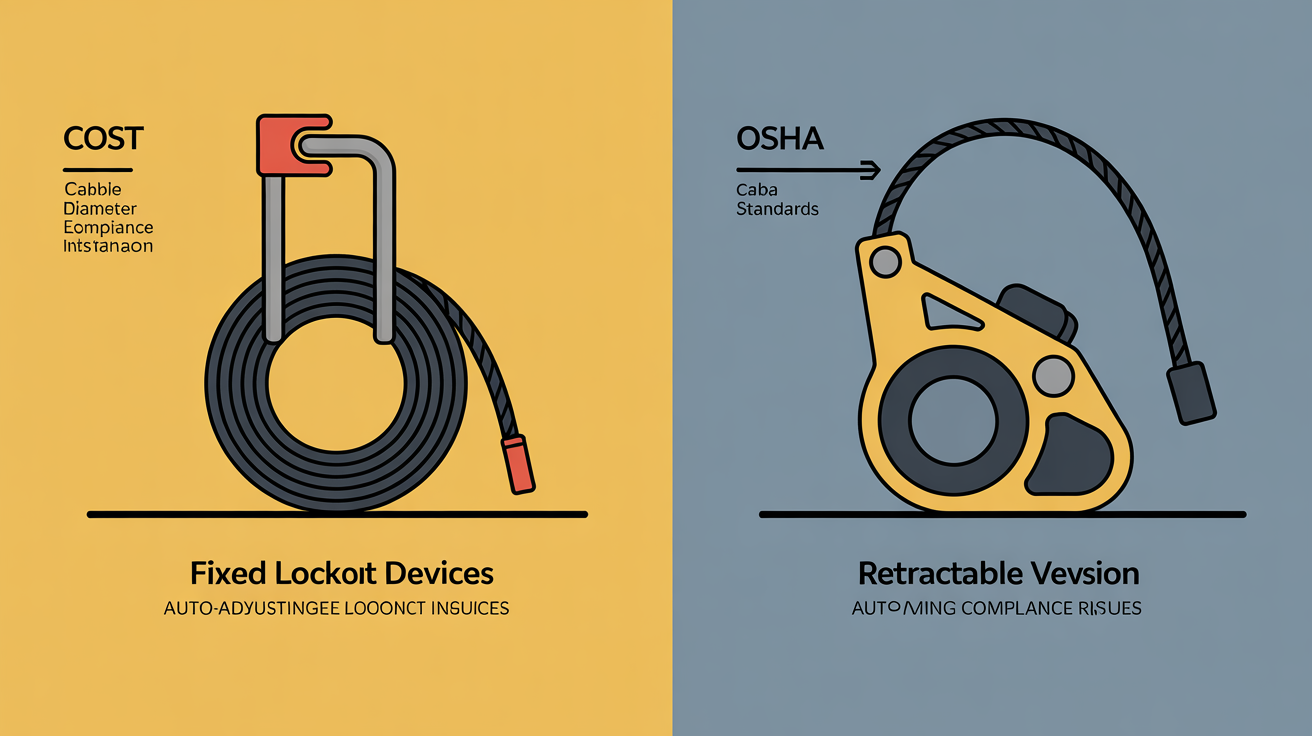 Split-screen illustration comparing fixed and retractable cable lockout devices, highlighting compliance features.