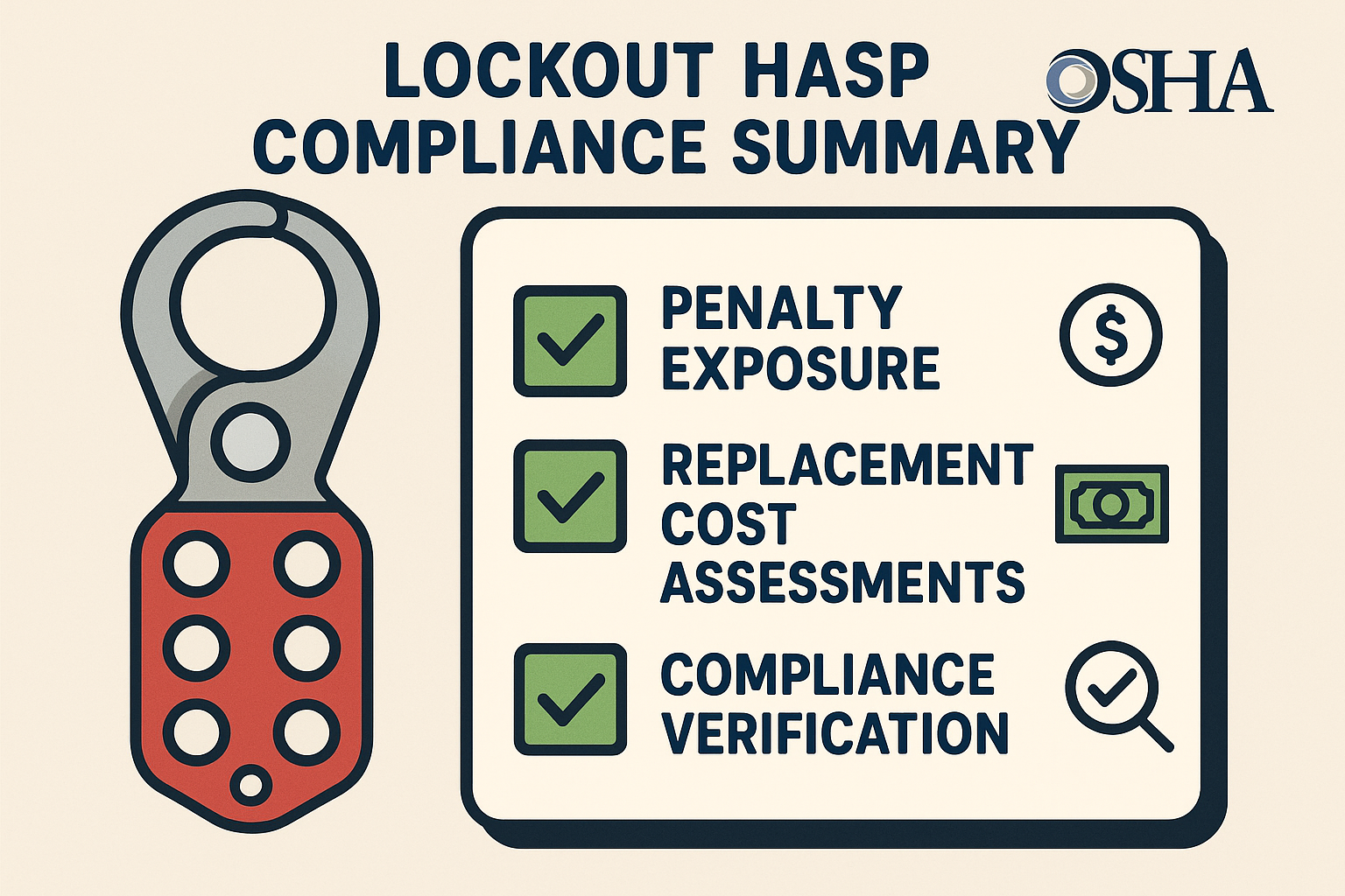Checklist illustration for lockout hasp compliance, showing key safety steps.