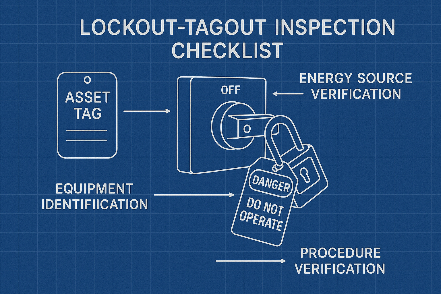 Technical illustration of LOTO checklist components with blueprint design.