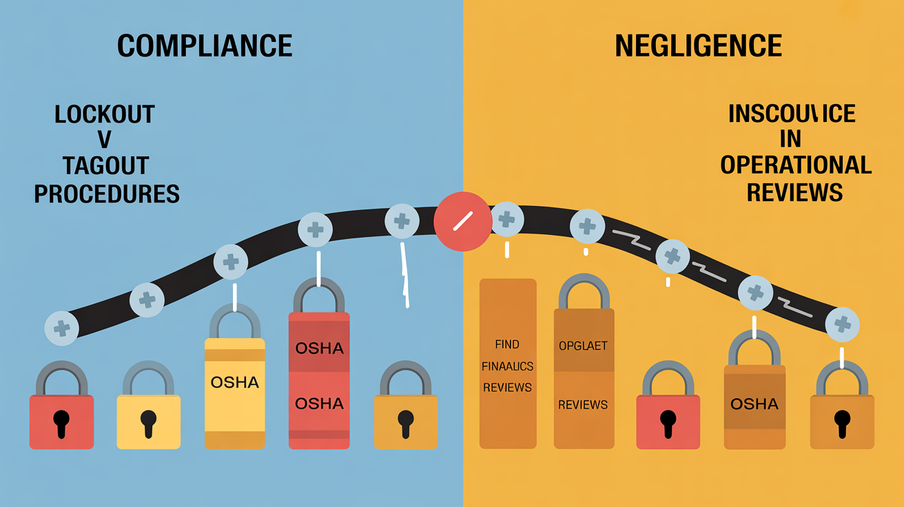 Split-screen of compliance vs negligence in lockout procedures showing consequences.
