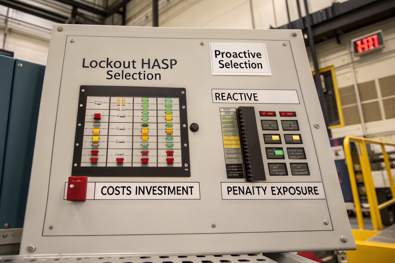Illustration of costs related to lockout hasps, showing investment vs penalties.