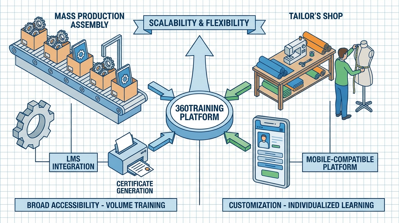 Isometric diagram showing 360training's scalable LMS vs tailored customization for OSHA lockout tagout courses.