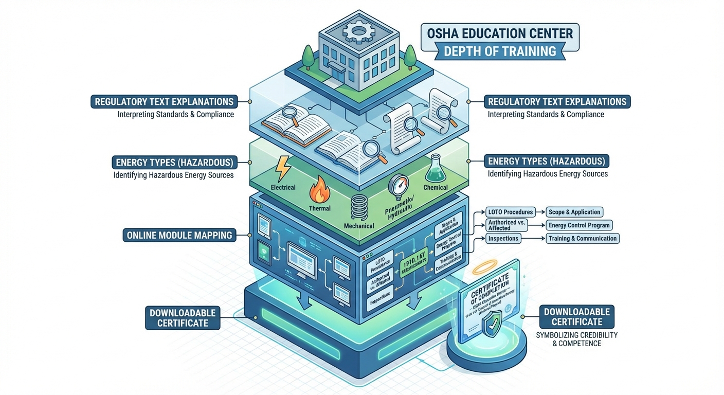 Isometric view of OSHA Education Center's training depth, with regulatory mapping and certificate.