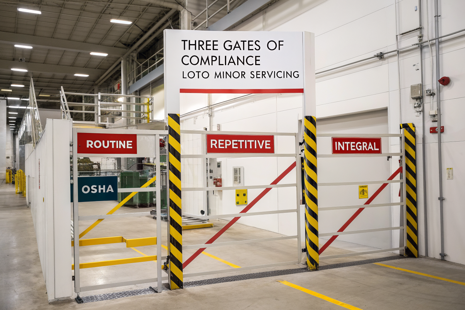 Cutaway diagram showing three compliance gates for LOTO minor servicing exception.