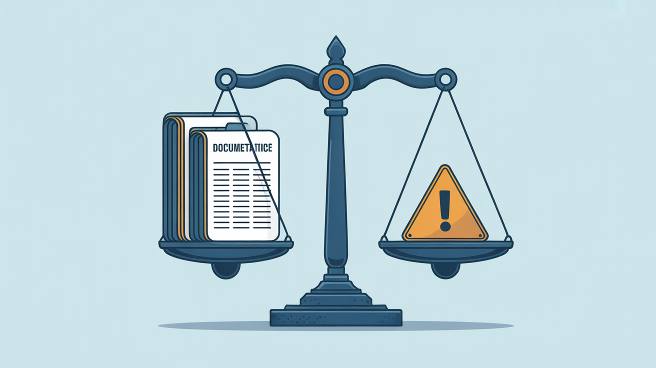 Illustration of a ledger balancing safety scales, highlighting documentation importance.
