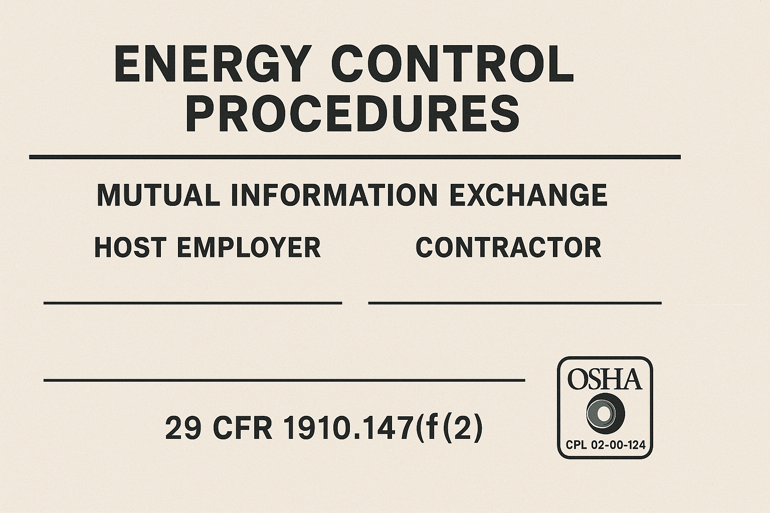 An industrial document with sections for host employers and contractors for energy control procedures, referencing 29 CFR and OSHA Directive.