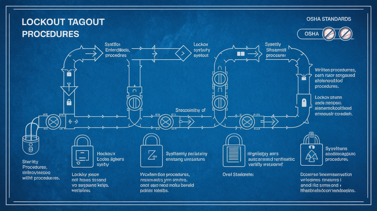 Blueprint-style illustration of compliance steps for lockout procedures.