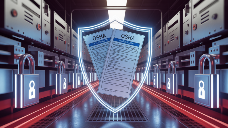 Illustration of industrial locks and tags with OSHA documents in a protective shield format.