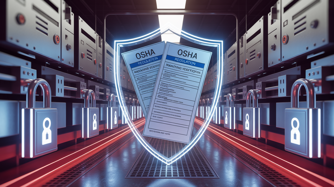 Illustration of industrial locks and tags with OSHA documents in a protective shield format.