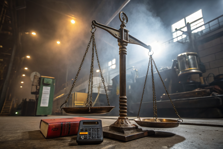 A dramatic balance scale representing industrial safety, lit dramatically with industrial elements.