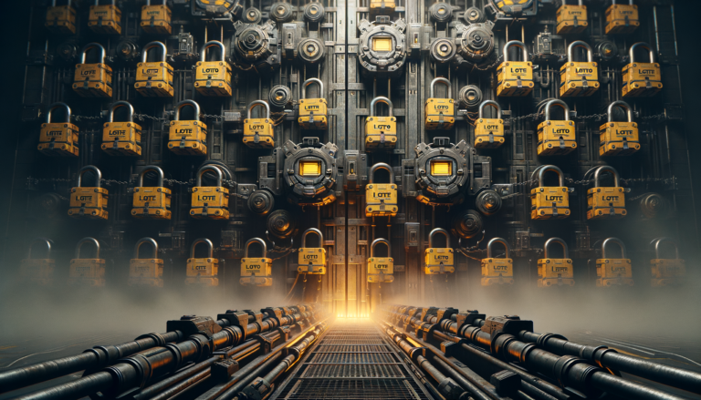 A dramatic, high-contrast scene showing LOTO padlocks as a barrier against energy hazards, under dramatic lighting.