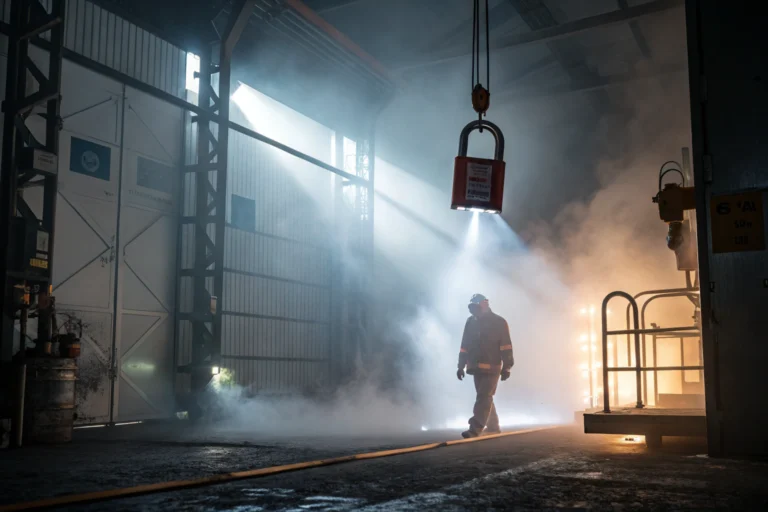 A dramatic lockout hasp glowing in industrial mist, symbolizing safety and compliance.