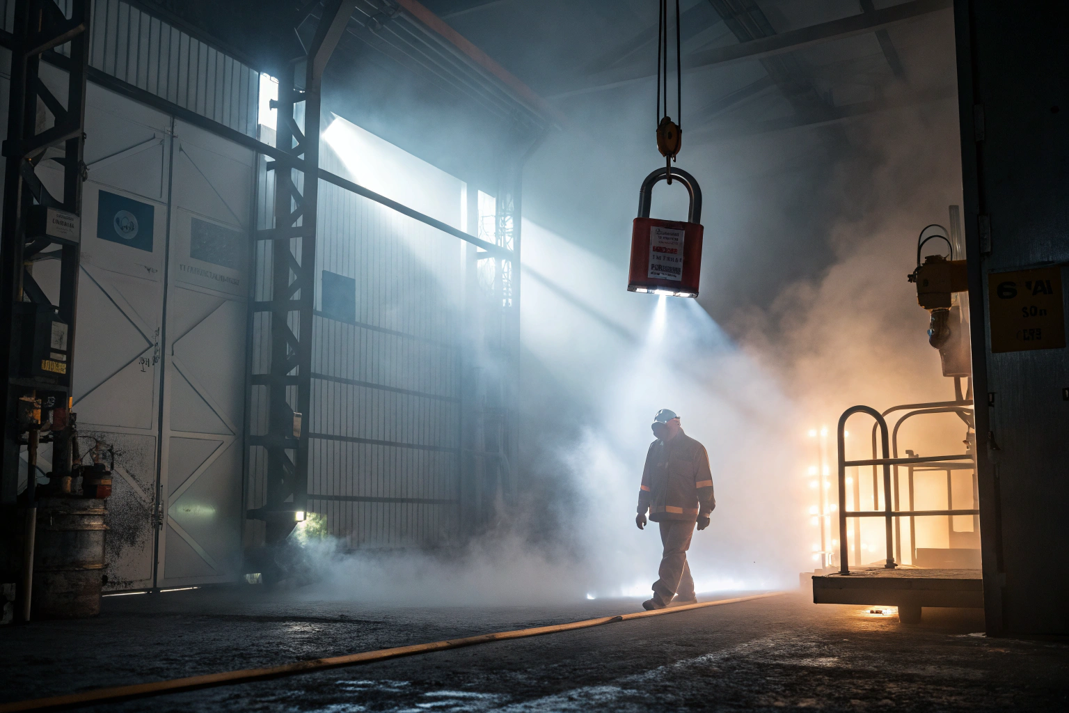 A dramatic lockout hasp glowing in industrial mist, symbolizing safety and compliance.