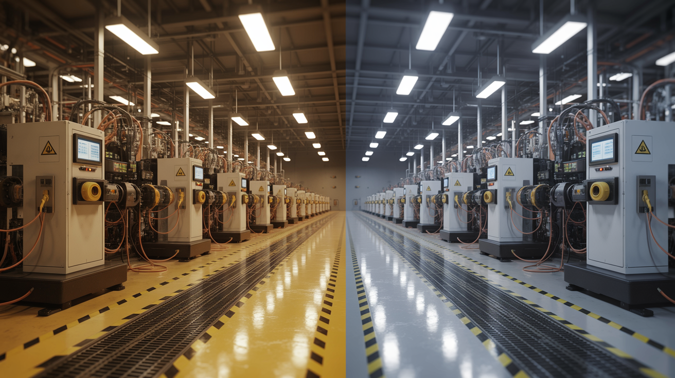 Industrial safety zones with lockout devices, OSHA compliance blueprint.