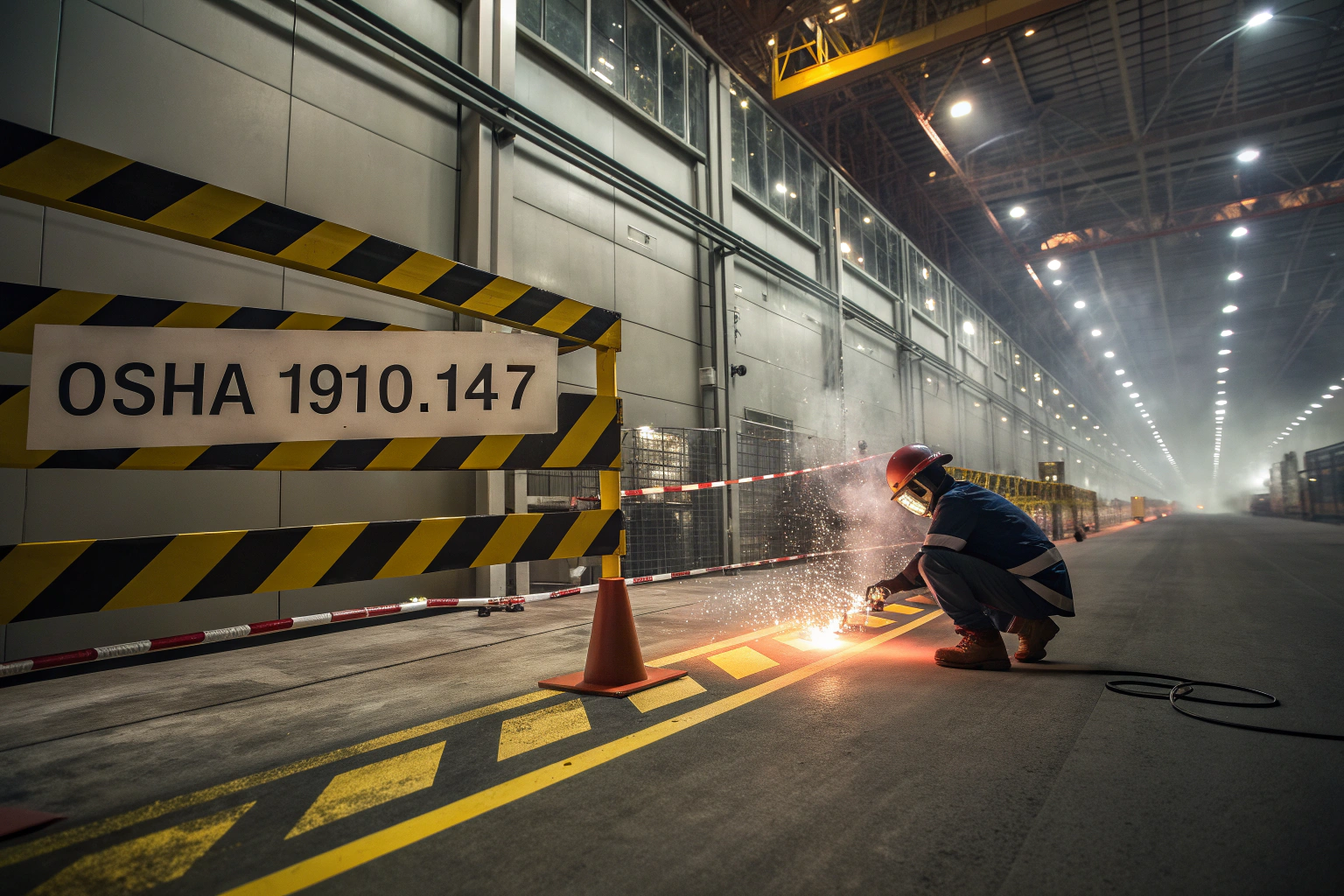Dramatic industrial scene illustrating lockout tagout procedures with safety barriers, OSHA compliance.