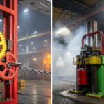 Interlocking gears and locked conveyor system illustrating shared vs delegated responsibility in lockout tagout.