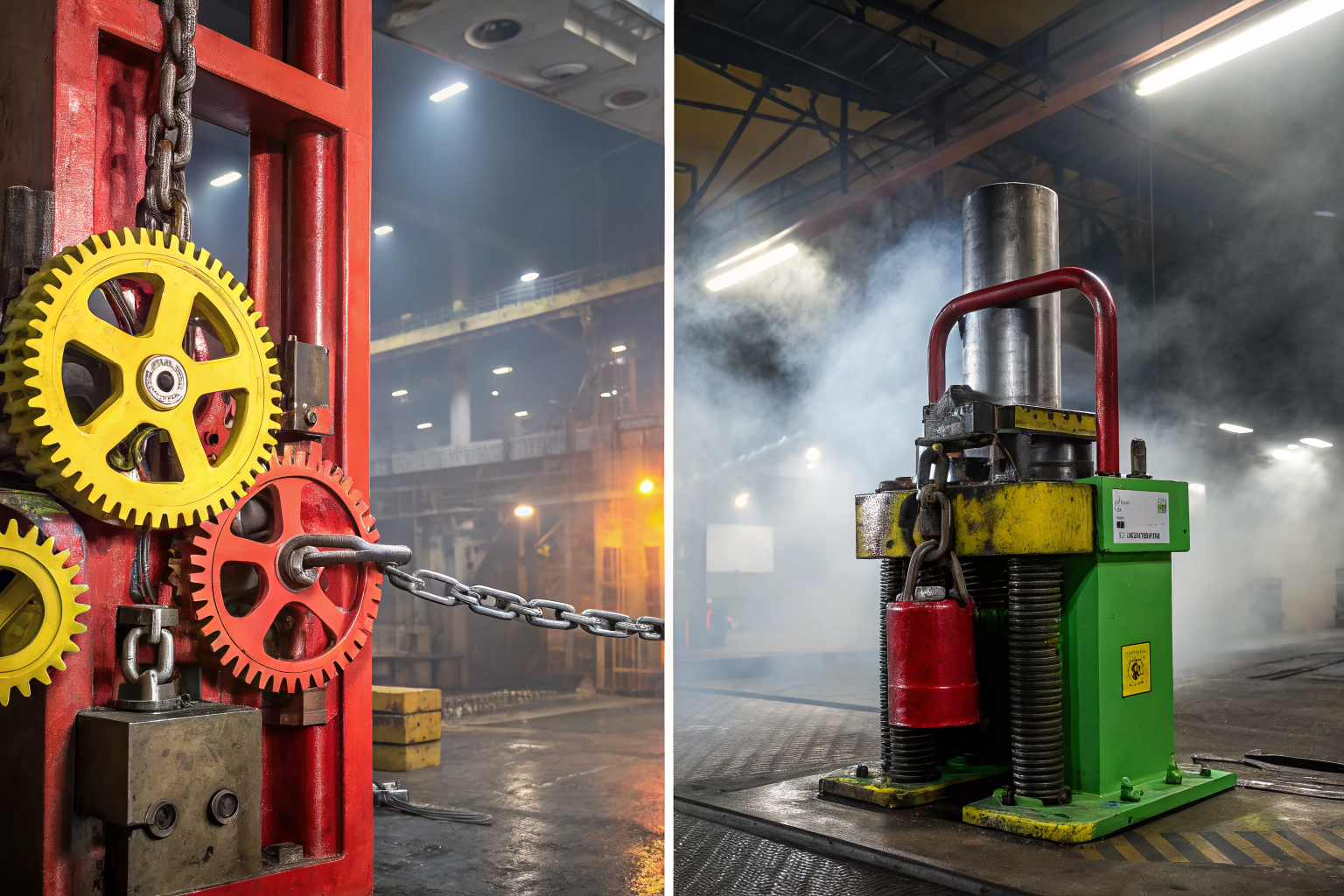 Interlocking gears and locked conveyor system illustrating shared vs delegated responsibility in lockout tagout.