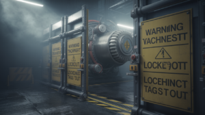 Epic scene of industrial machinery secured by lockout tagout system with dramatic lighting.
